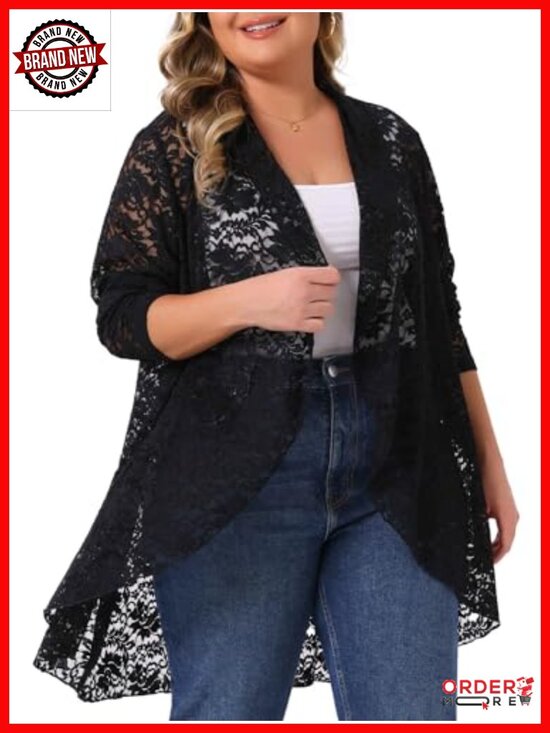 Sweaters - Plus Size Lace Cardigan Open Front Long Sleeve Sheer Crochet Cover Up